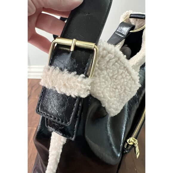 STEVE MADDEN Black Vegan Leather Shearling Extra Large Hobo Purse Bag Tote - Picture 8 of 13